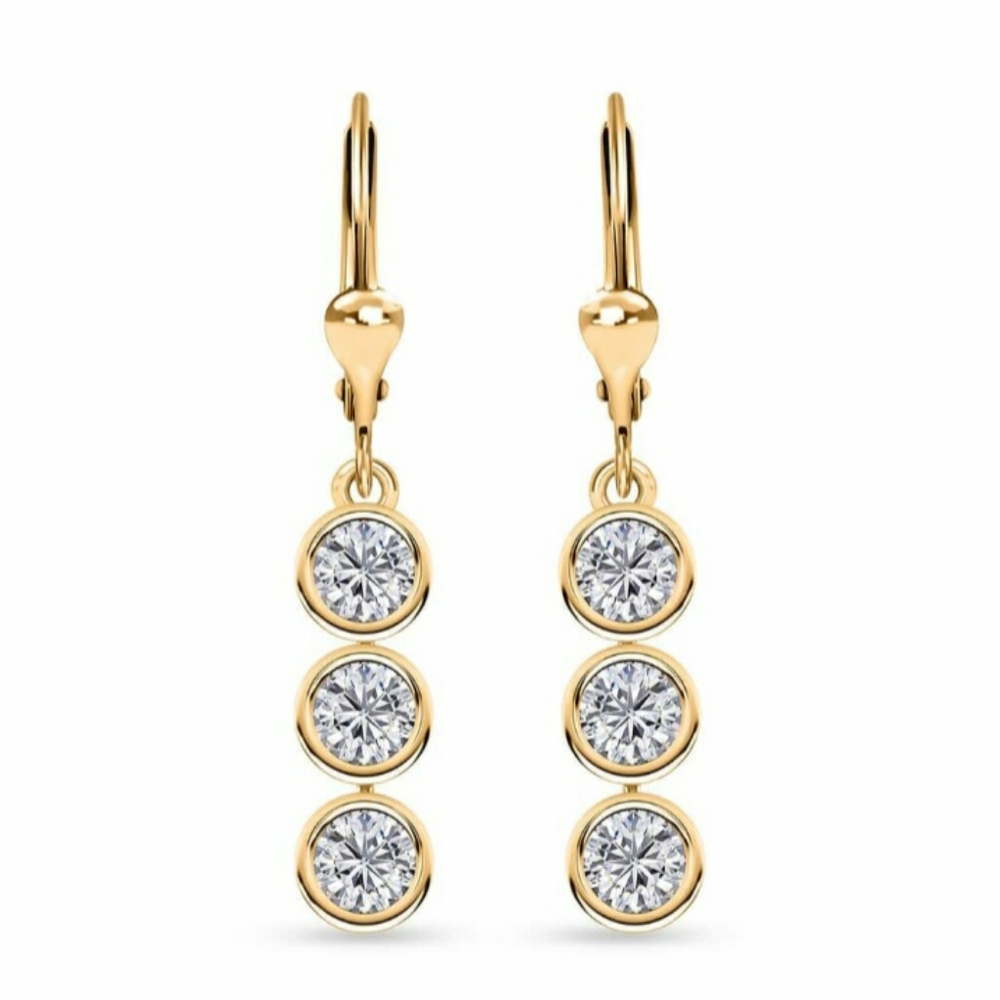 1.75ctw. Authentic Moissanite 3 Stone Drop Earrings in 18k Gold over Silver
